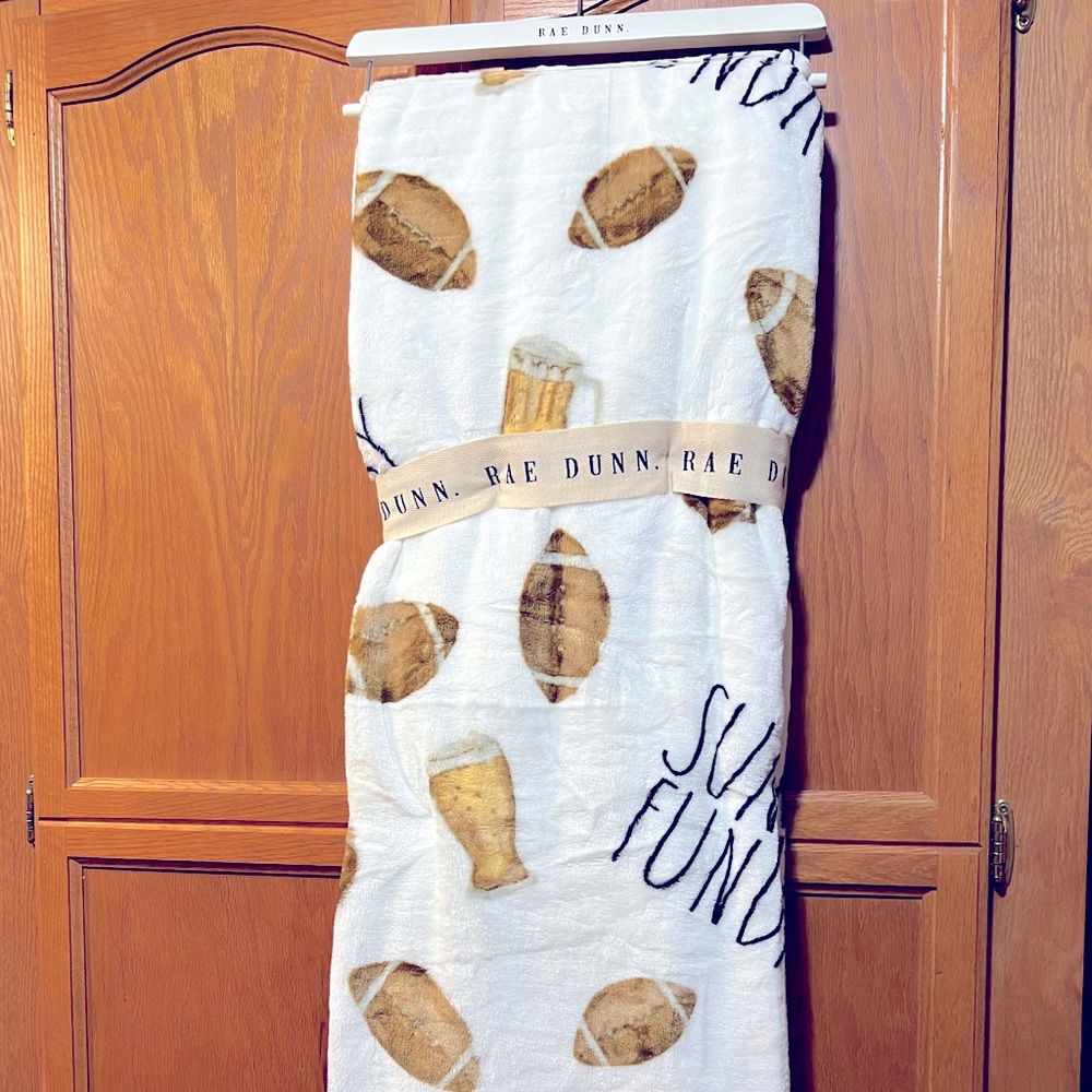 RAE DUNN SUNDAY FUNDAY Football & Mugs Soft Plush Throw NWT